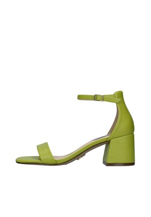 Sandal in pelle verde con tacco a blocco, cinturino alla caviglia e ampia fascia sulla punta, caratterizzata da una texture liscia e un design minimalista.
