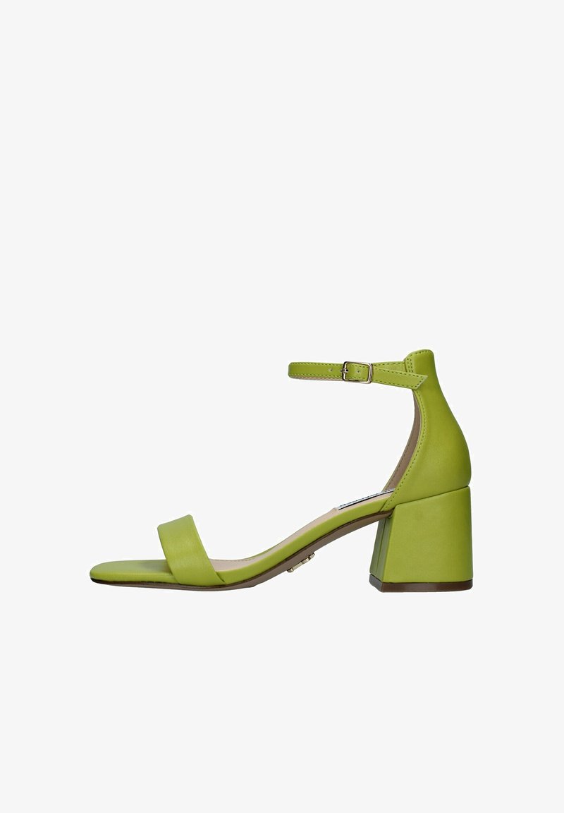 Sandal in pelle verde con tacco a blocco, cinturino alla caviglia e ampia fascia sulla punta, caratterizzata da una texture liscia e un design minimalista.