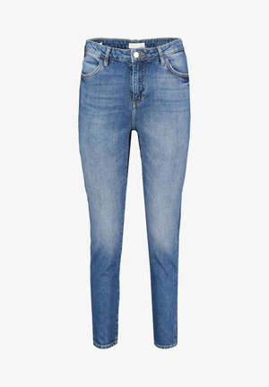 Hellblaue Denim-Jeans mit einer taillierten Passform, fünf Taschen, einem Frontreißverschluss und einem Metallknopfverschluss. Glatte Textur mit leichter Verwaschung.