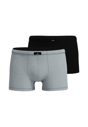 Two pairs of men's boxer briefs, one light gray and one black, shown front-facing against a white background.