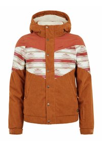 Bruine corduroy jas met een schapenvacht capuchon, voorzien van een patroon in roze en wit over de borst en een drukknoopsluiting.