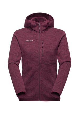 Burgunderrote Fleecejacke mit Reißverschluss vorne, hohem Kragen und Kapuze. Verfügt über zwei Reißverschlusstaschen und ein Logo auf der Brust. Strukturmaterial.