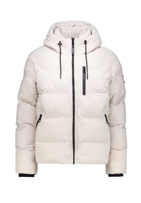 Pufferjack in lichtbeige met een capuchon, frontale ritssluiting, elastische cuffs en twee zijzakken met rits. Heeft een gequiltde textuur.