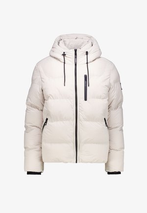 Pufferjack in lichtbeige met een capuchon, frontale ritssluiting, elastische cuffs en twee zijzakken met rits. Heeft een gequiltde textuur.
