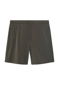 Shorts vert olive foncé en matériau léger, dotés d'une taille élastique, de poches latérales et d'une texture lisse.