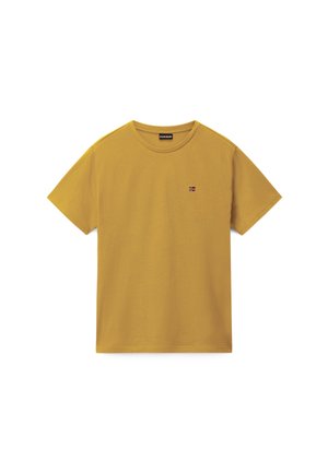 Mustard yellow short-sleeve crew neck t-shirt with small Norwegian flag logo on the left chest.
