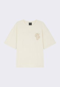 Crème-kleurige T-shirt met korte mouwen, gemaakt van katoen, met een geborduurd cactusontwerp in een lichtbruine tint op de linkerborst.