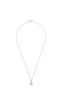 Silver chain necklace featuring a snowflake pendant with a textured surface and multiple sparkling facets.