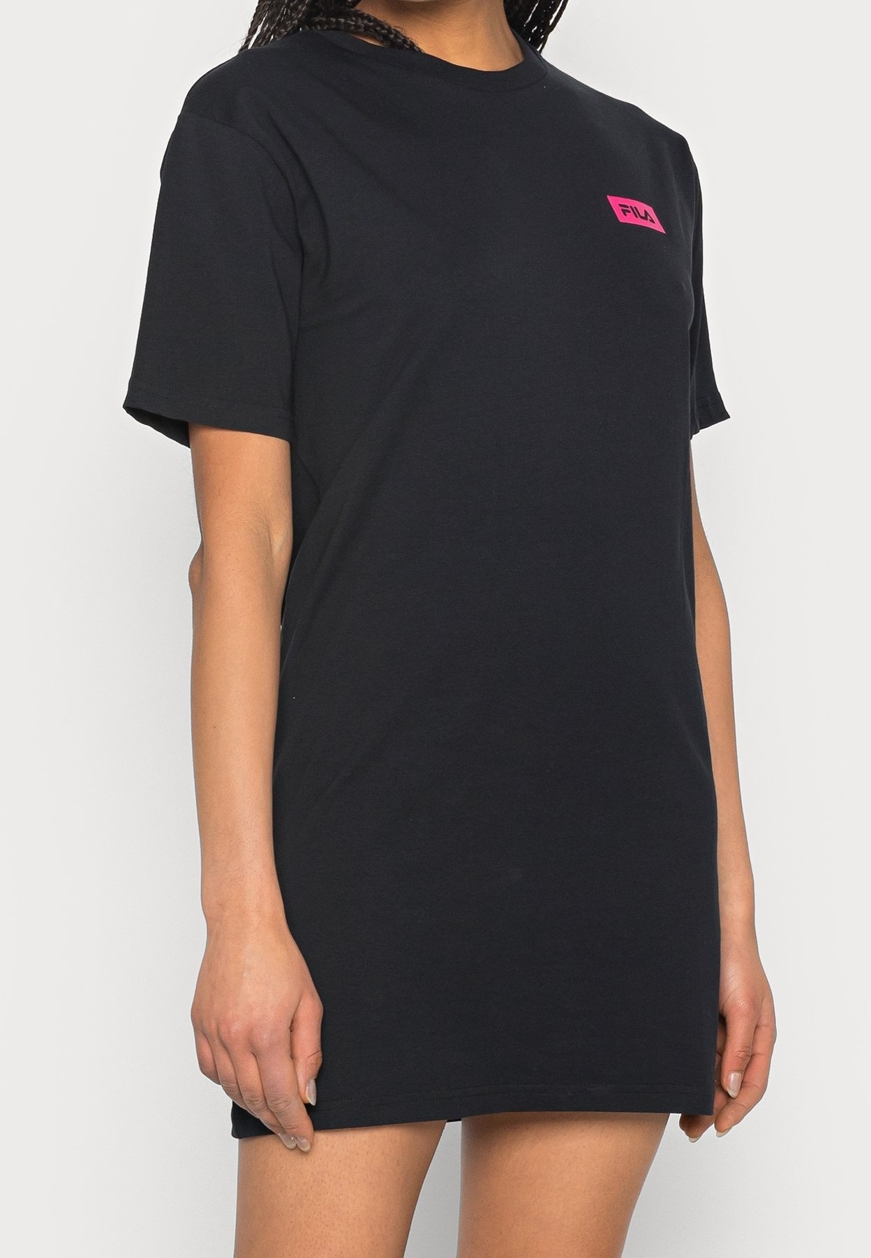 black and pink t shirt dress [$30.00]Pink and Black Lace-up Hem Graphic T-shirt Dress