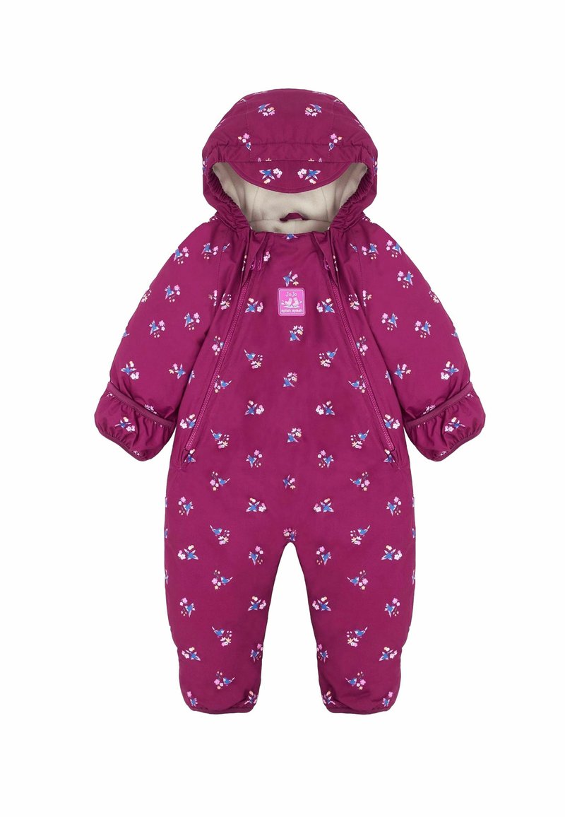 Bordeaux geïsoleerde sneeuwoverall met bloemenpatroon, capuchon, elastische manchet en voorrits. Zachte voering voor warmte en comfort. Geschikt voor koud weer.