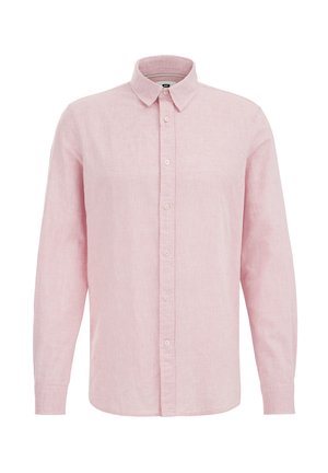 Světle růžová lněná košile s dlouhým rukávem, s límečkem na knoflíky, zapínáním na přední straně a zaoblenými manžetami. Hladká textura a volnočasový design.