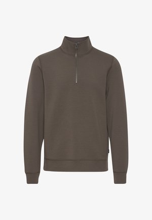 Tume oliivroheline tõmblukuga fleece-pullover, millel on pikad varrukad, sile tekstuur ja peened õmblusteenused varrukaotstes ja hemmi ääres.