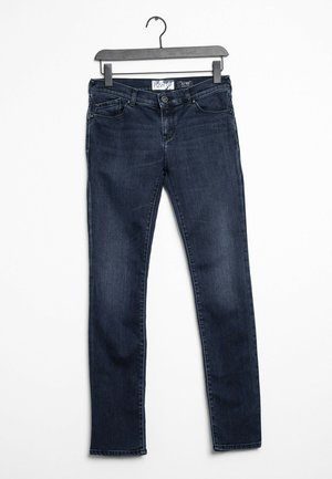 Mørkeblå skinny jeans med en glat tekstur, fem lommer og knaplukning. Designet med en traditionel talje og tapered ben.