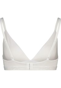 Brassière blanche avec un design en V, des bretelles réglables et un tissu doux. Présente un logo sur la bande élastique pour un détail supplémentaire.