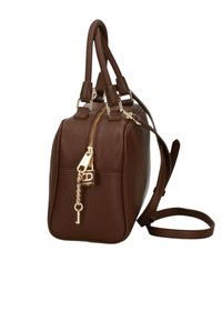 Braune Lederhandtasche mit klarer Form, goldfarbenen Beschlägen und Reißverschluss. Verfügt über zwei Henkel und einen abnehmbaren Riemen.