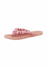 Sandalia flip-flop con suela rosa tejida, tiras de satén fruncidas y divisor de dedos, diseñada para uso casual.