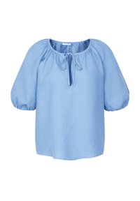 Blouse bleu clair avec manches bouffantes et encolure ronde avec fermeture à nouer à l'avant.