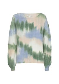 Gebreide trui in pastelkleurig tie-dye patroon met zachte groentinten, blauw en roze. Rond decolleté en lange mouwen met een ontspannen pasvorm.