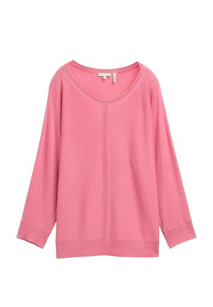 Roze trui met lange mouwen, een brede halslijn, geribbelde boorden en een detail met een naad in het midden. Gemaakt van zachte, gebreide stof met een gladde textuur.