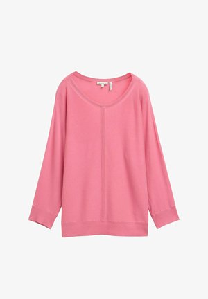 Roosa pikkade varrukatega kampsun, millel on lai kaelus, soonilised varrukaäärised ja keskel õmblusdetail. Valmistatud pehmest, kootud kangast, millel on sile tekstuur.