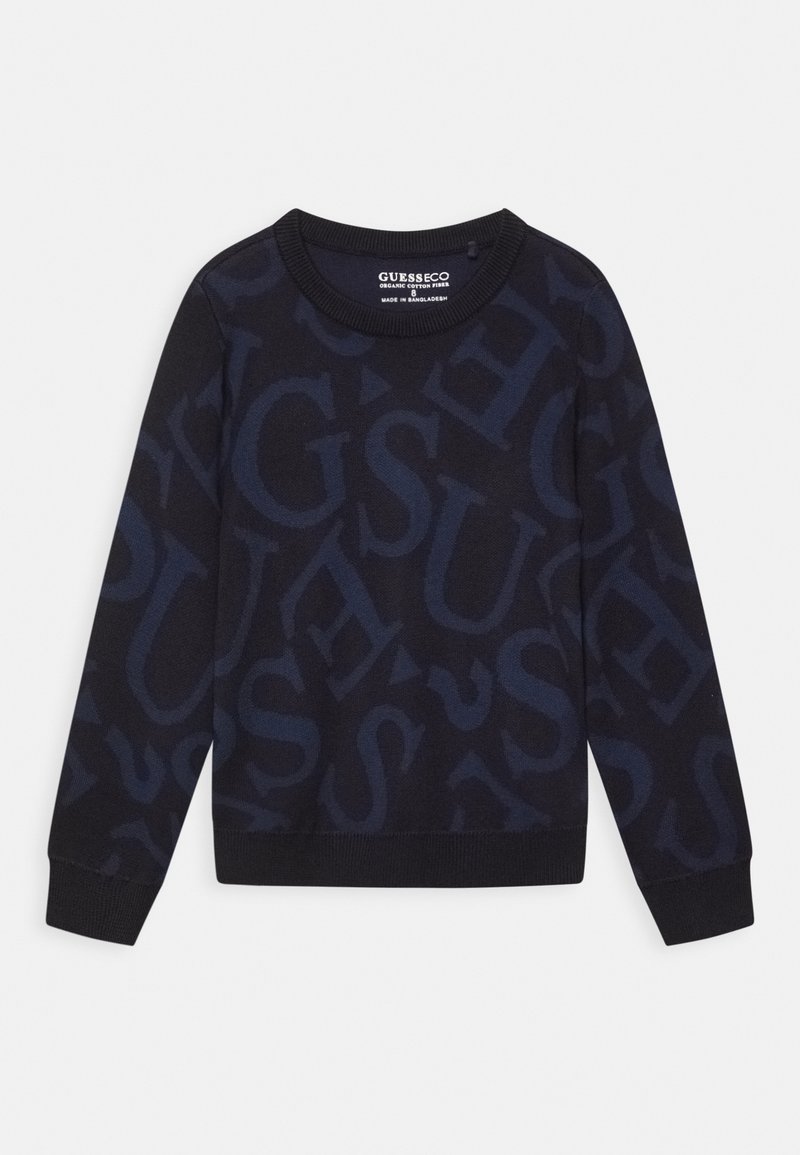 Pull à manches longues bleu marine foncé avec de grandes lettres bleu marine discrètes formant un motif, col rond, poignets et ourlet côtelés.