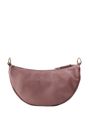 Pink leather handbag with a rounded shape, textured surface, gold-tone hardware, and a zip closure. Features two decorative rings on the sides.