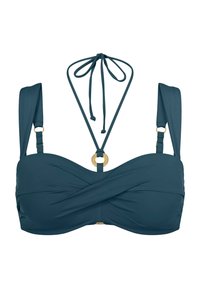 Turkusowy bikini top z odwróconym przodem, regulowanymi ramiączkami i złotymi obręczami centralnymi. Gładki, elastyczny materiał.