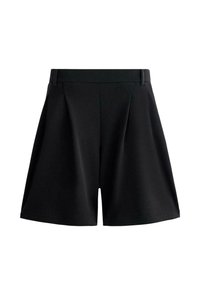 Shorts noirs taille haute ajustés avec passants de ceinture et plis, caractérisés par une coupe à jambes larges et un ourlet simple.