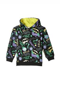 Sudadera negra con estampados inspirados en Batman en púrpura y verde, con un brillante forro interior verde y puños acanalados.