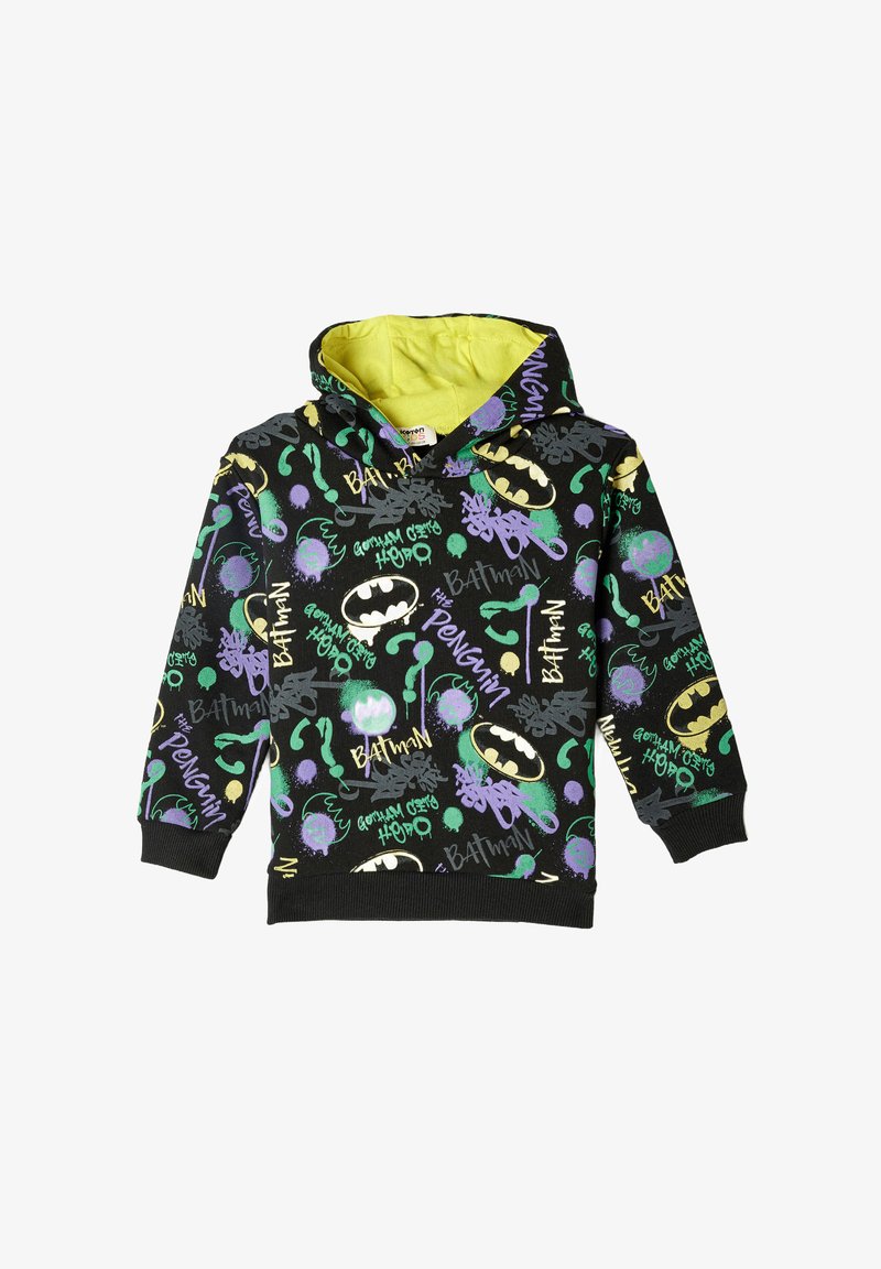 Sudadera negra con estampados inspirados en Batman en púrpura y verde, con un brillante forro interior verde y puños acanalados.