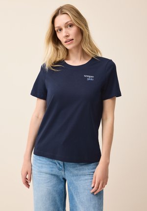 Navy blue short-sleeve t-shirt made of cotton with round neckline and subtle "sempre gioia" embroidery on the left chest.