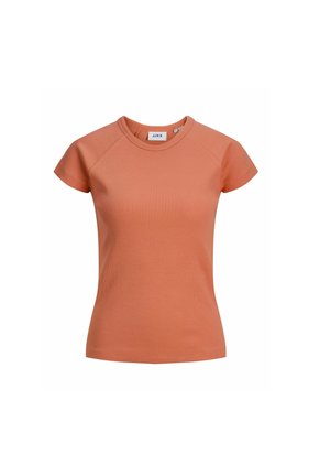 Camiseta naranja de canalé con mangas cortas y cuello redondo. Fabricada en un material suave, presenta un diseño ajustado y un detalle mínimo.