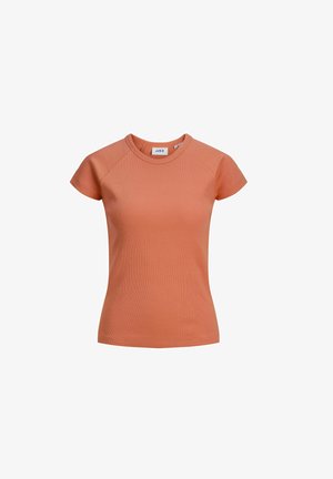 Camiseta naranja de canalé con mangas cortas y cuello redondo. Fabricada en un material suave, presenta un diseño ajustado y un detalle mínimo.