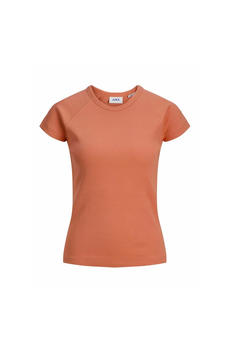 Camiseta naranja de canalé con mangas cortas y cuello redondo. Fabricada en un material suave, presenta un diseño ajustado y un detalle mínimo.