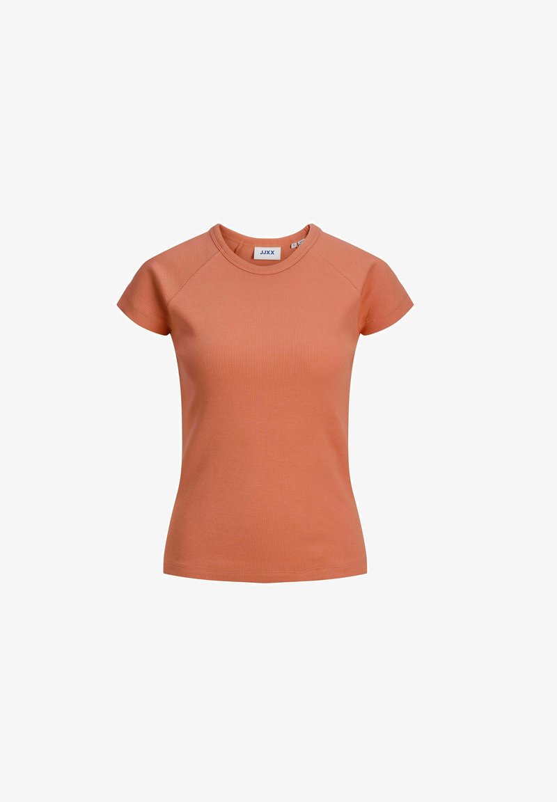 Camiseta naranja de canalé con mangas cortas y cuello redondo. Fabricada en un material suave, presenta un diseño ajustado y un detalle mínimo.