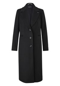 Manteau long en laine noire avec revers crantés, trois boutons sur le devant et deux poches latérales. Texture lisse avec des détails de couture subtils.
