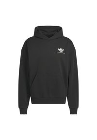 Black hooded sweatshirt with front pouch pocket and small white Adidas Basketball logo on the left chest.