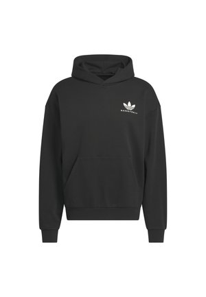 Sort hættetrøje med frontlomme og lille hvid Adidas Basketball-logo på venstre bryst.