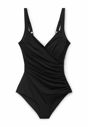 Zwart eendelig badpak met geplooide zijkanten, verstelbare schouderbandjes en een V-hals met overslag.