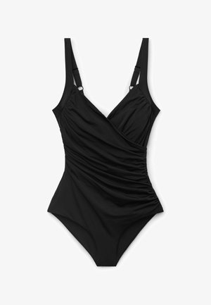 Zwart eendelig badpak met geplooide zijkanten, verstelbare schouderbandjes en een V-hals met overslag.