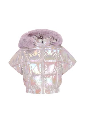 Geacă pufată holografică cropped cu glugă din blană artificială liliac, închidere cu fermoar și model matlasat în formă de diamant. Mâneci scurte și tiv elastic.