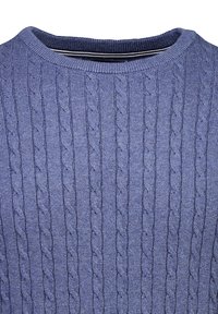 Pull en tricot bleu avec un motif torsadé vertical et un col rond.