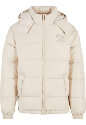 Chaqueta acolchada de color beige claro con cierre de cremallera, diseño acolchado, capucha ajustable y puños elásticos; presenta bordado del logo en el pecho.