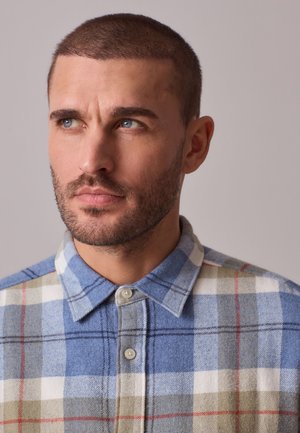 Joven con pelo corto castaño y barba, vestido con una camisa de cuadros azul, blanca y gris con botones, mirando ligeramente hacia la izquierda.