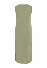 Bez rękawów oliwkowa zielona maxi sukienka z gładkiego materiału, z okrągłym dekoltem i szczelinami po bokach dla swobody ruchu.