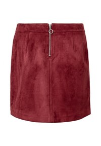 Saias mini de camurça borgonha com fecho éclair frontal e alça de puxar, apresentando uma textura suave e dois bolsos laterais.