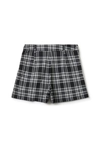 Pantalones cortos de cuadros en blanco y negro, con una textura tejida, cintura plana en la parte delantera y dos bolsillos laterales, con un ajuste relajado.