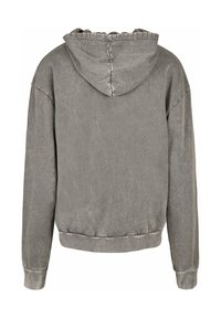 Grå hætte sweatshirt med en afslappet pasform, der har et tekstureret stof, ribbede manchetter og en syet halsudskæring, set fra ryggen.