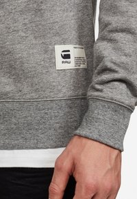 Sudadera gris con puños y dobladillo acanalados, que presenta una etiqueta tejida con el texto "RAW". La tela parece suave y texturizada.