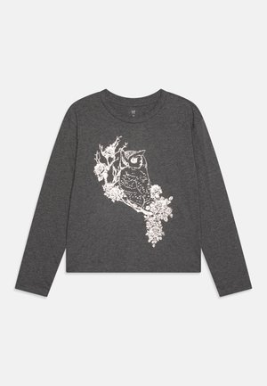 Long-sleeve shirt in dark gray fabric with a white owl and floral design on the front, featuring a round neckline and relaxed fit.